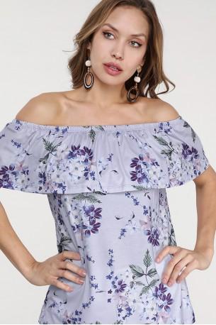Vijolična cvetlična bluza  s carmen izrezom