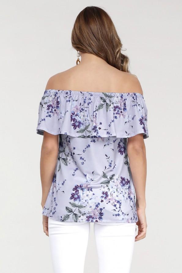 Vijolična cvetlična bluza  s carmen izrezom