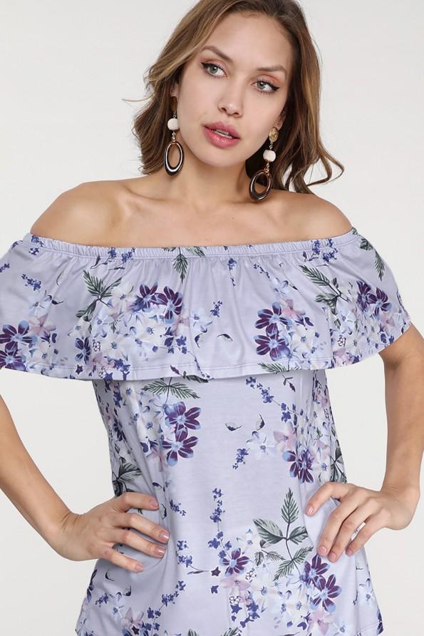Vijolična cvetlična bluza  s carmen izrezom