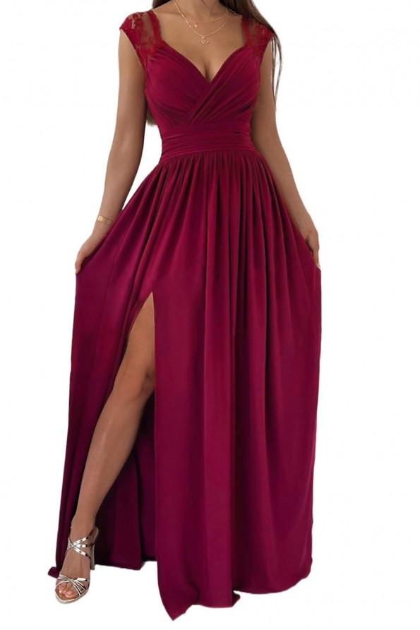 Vinsko rdeča maxi obleka s čipko Monika