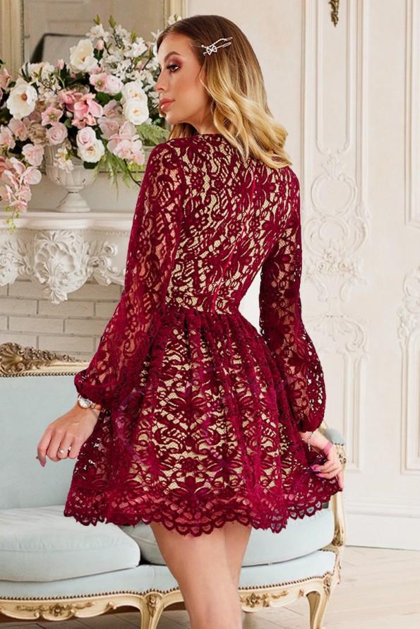 Vinsko rdeča mini obleka s čipko Fiona