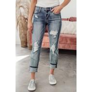 Zavihane raztrgane bombažne jeans hlače