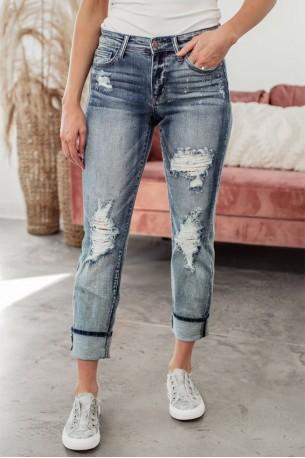 Zavihane raztrgane bombažne jeans hlače