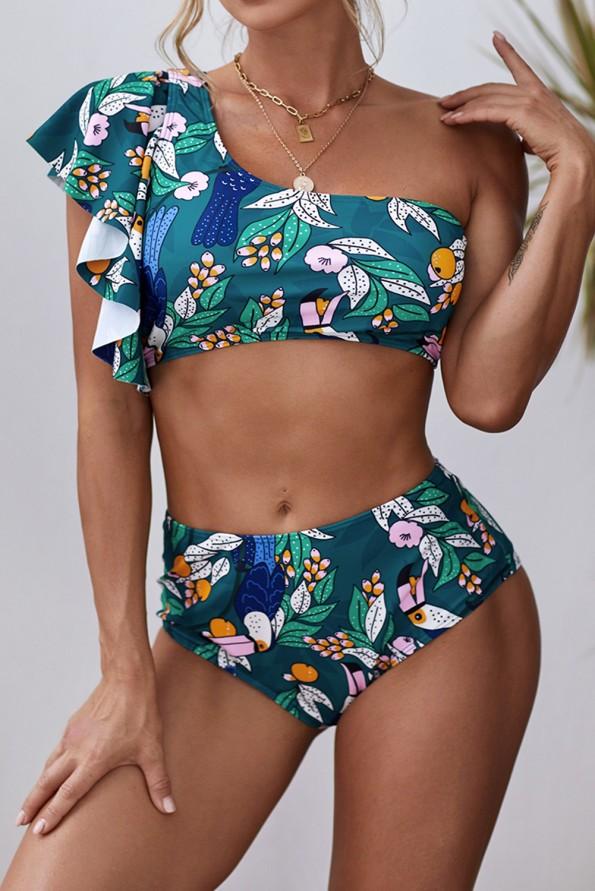 Zelen bikini Kerry s potiskom lista in volančki