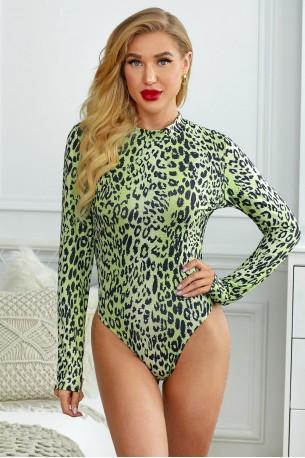 Zelen bodi Isabella z leopardjim vzorcem in dolgimi rokavi