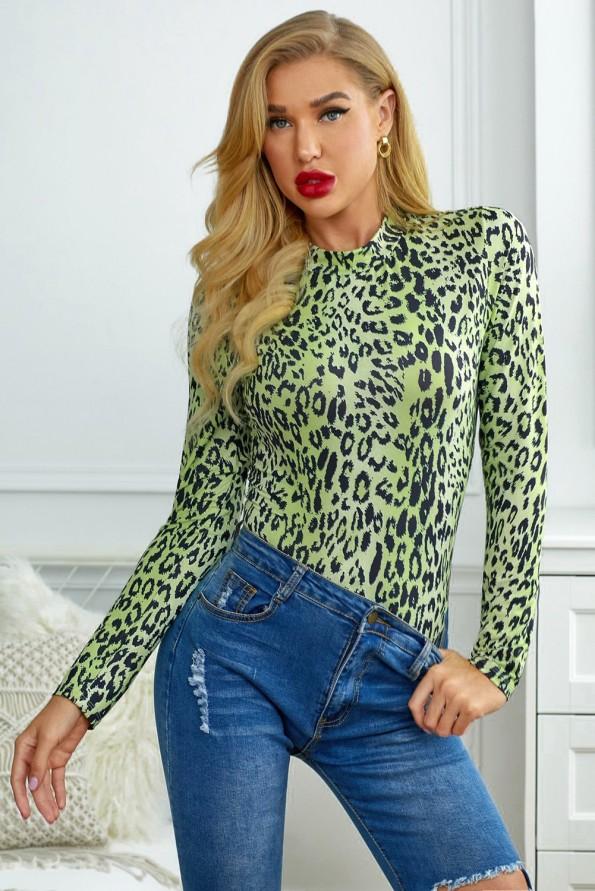 Zelen bodi Isabella z leopardjim vzorcem in dolgimi rokavi