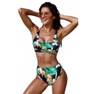 Zelen preprost bikini Alison s tropskim motivom
