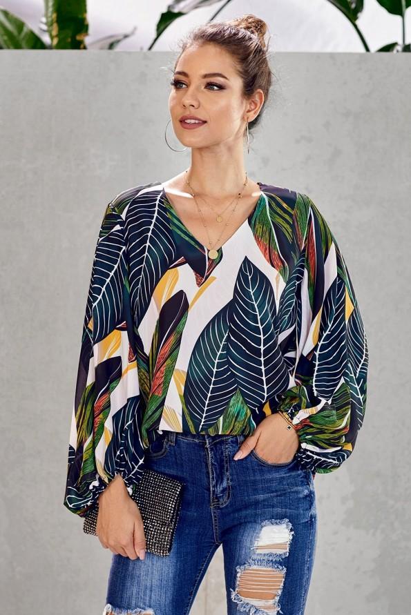 Zelena boho bluza Angelina z rokavi na balon