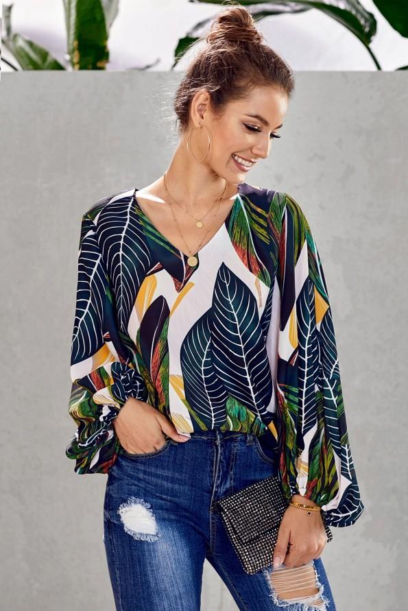 Zelena boho bluza Angelina z rokavi na balon