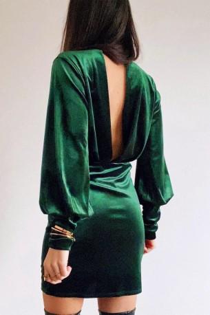 Zelena žametna mini obleka z dolgimi rokavi in ​​zelenim mock vratom z votlim hrbtom Tara