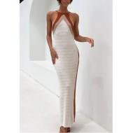 Bež pletena dolga ohlapna obleka brez rokavov brez hrbta Amaryllis