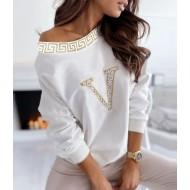 Bel pulover z dolgimi rokavi in s perli Perla