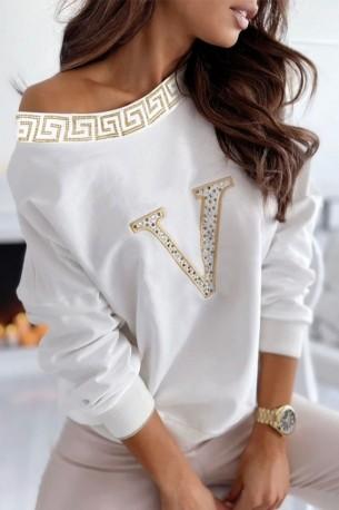 Bel pulover z dolgimi rokavi in s perli Perla