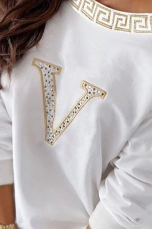 Bel pulover z dolgimi rokavi in s perli Perla