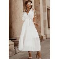 Bela dolga obleka brez rokavov iz masivnega šifona z volančki z V-izrezom Louise