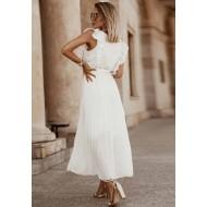 Bela dolga obleka brez rokavov iz masivnega šifona z volančki z V-izrezom Louise