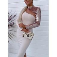 Bela dolga obleka z visokim ovratnikom z izrezanimi bleščicami z dolgimi rokavi