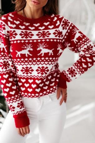 Božični rdeči pulover z okroglim izrezom in z dolgimi rokavi Inna