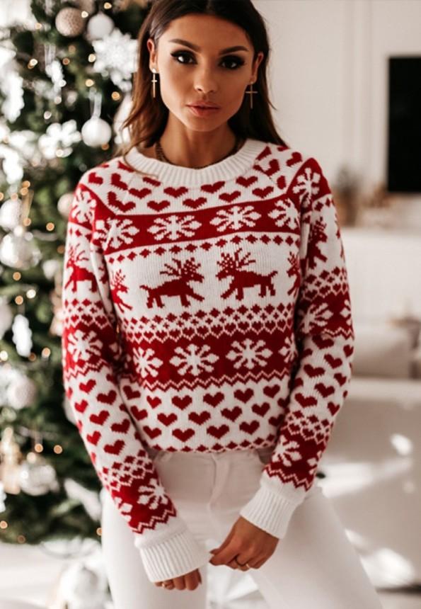 Božični rdeči pulover z okroglim izrezom in z dolgimi rokavi Sweety