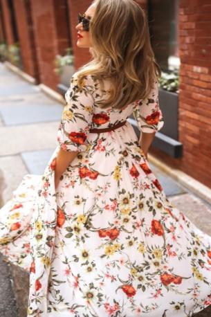 Dolga obleka z roza cvetličnim potiskom Heidi