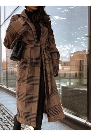 Dolgi plašč s kariranim tiskom Kahaki z dolgimi rokavi in pasom Sandy