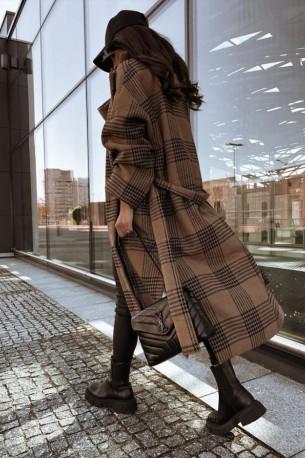 Dolgi plašč s kariranim tiskom Kahaki z dolgimi rokavi in pasom Sandy