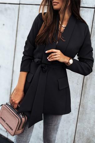 Eleganten dolgi jopič s pasom v črni barvi Leonida