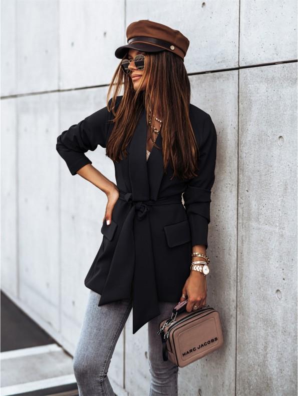 Eleganten dolgi jopič s pasom v črni barvi Leonida