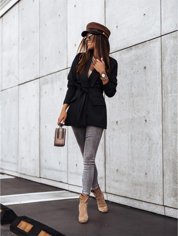 Eleganten dolgi jopič s pasom v črni barvi Leonida