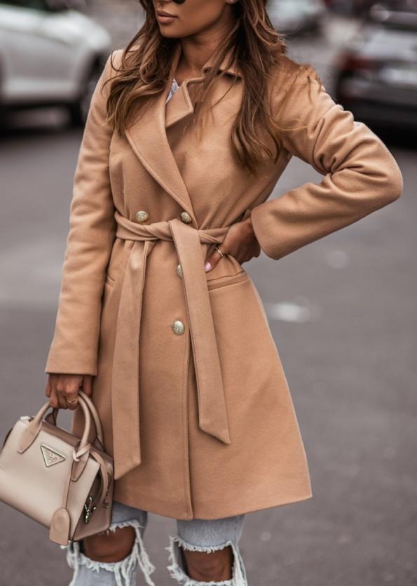 Eleganten dolgi plašč kaki z odloženim ovratnikom z ustreznim pasom Vanna