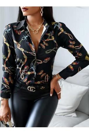 Elegantna  črna srajca z dolgimi rokavi z verižico Fabricia