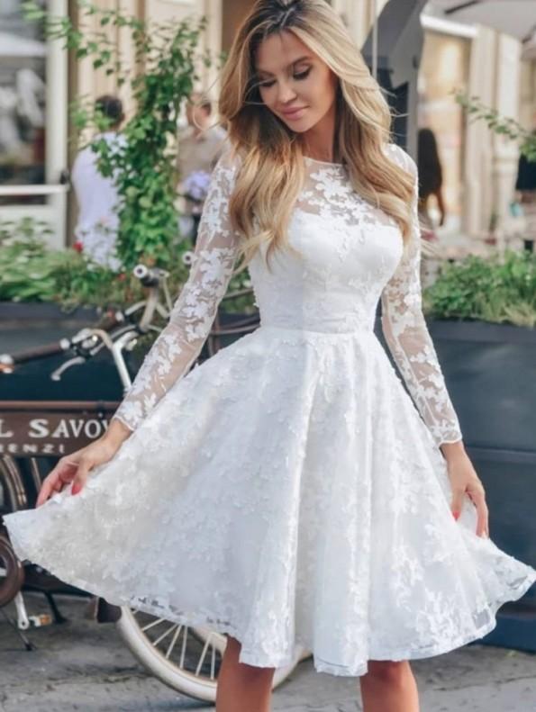 Elegantna bela kratka poročna obleka s čipkastim izrezom in z dolgimi rokavi Shannon