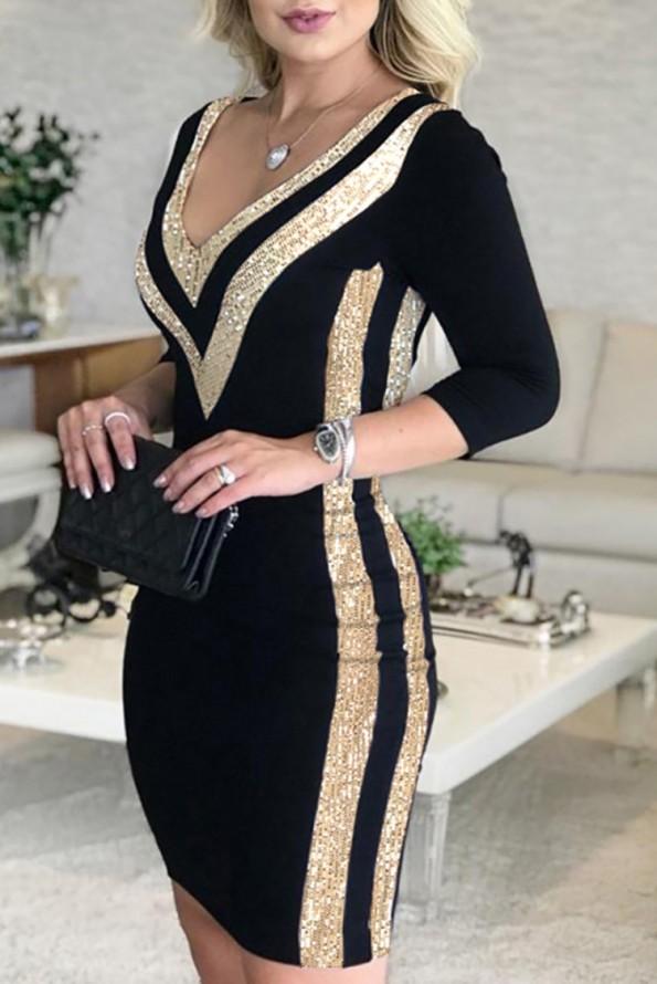 Elegantna obleka v zlati in črni barvi z bleščici z V-izrezom Wendy