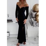 Elegantna črna večerna obleka z odprtimi rameni in z dolgimi rokavi Kayla