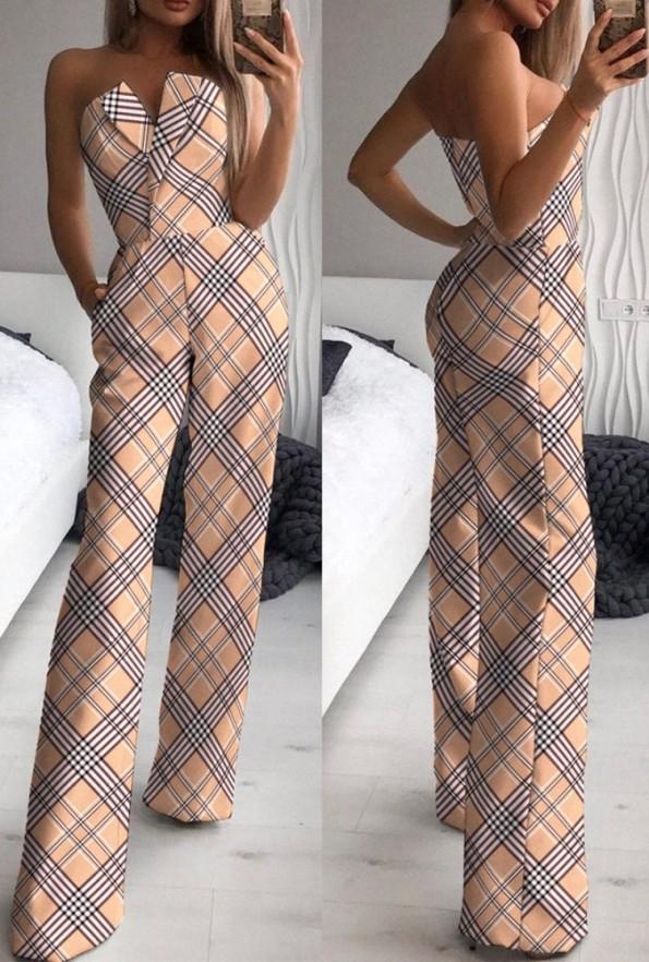 Kombinezon brez naramnic z jesenskim kariranim tiskom Jasmin