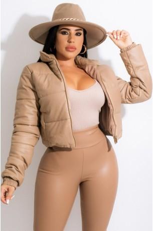 Kratka jakna iz usnja kaki z zadrgo Ava