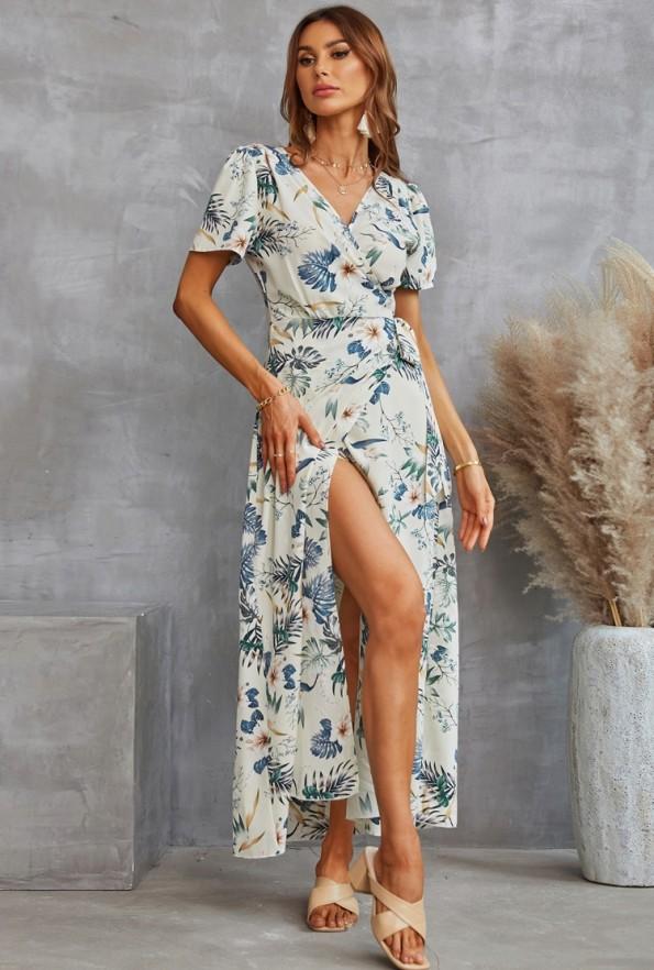 Modra maksi obleka s kratkimi rokavi z V-izrezom in s pasom Helen