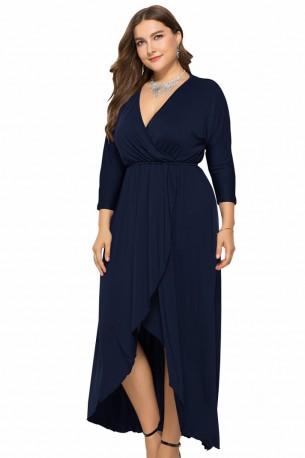 Modra obleka z zavitim V-izrezom Batwing in z dolgimi rokavi