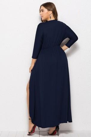 Modra obleka z zavitim V-izrezom Batwing in z dolgimi rokavi