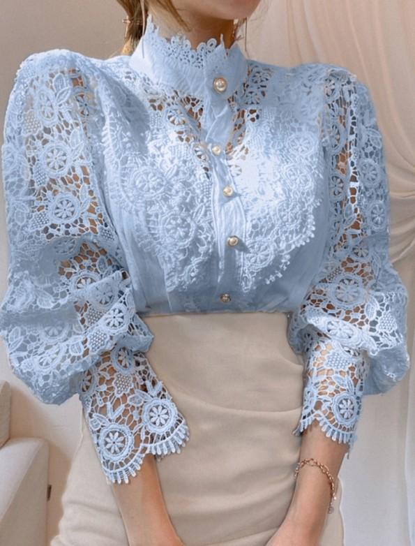 Modra vintage čipkasta bluza z napihnjenimi rokavi Fiona