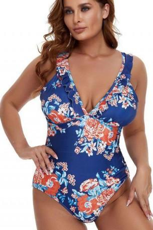 Modre enodelne kopalke z v-izrezom in s cvetličnim tiskom za močnejše postave Polly 