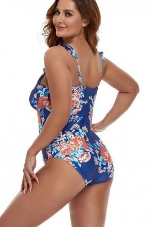 Modre enodelne kopalke z v-izrezom in s cvetličnim tiskom za močnejše postave Polly 