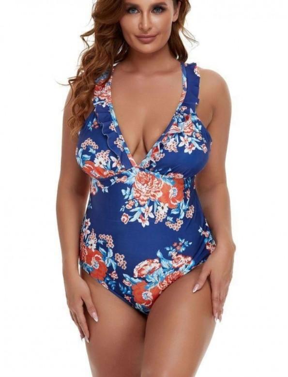 Modre enodelne kopalke z v-izrezom in s cvetličnim tiskom za močnejše postave Polly 