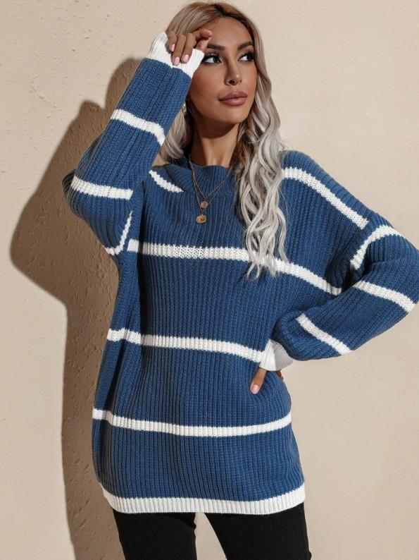 Modri črtasti ohlapni pulover Fosette