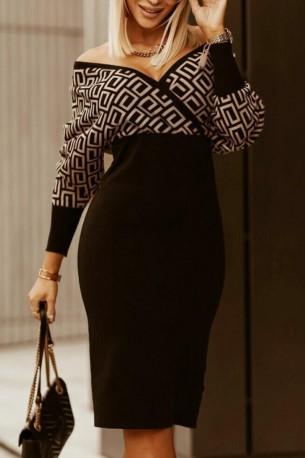 Obleka midi z dolgimi rokavi s kontrastnim črnim globokim V izrezom Vanya