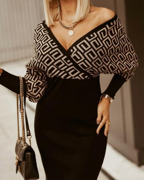 Obleka midi z dolgimi rokavi s kontrastnim črnim globokim V izrezom Vanya