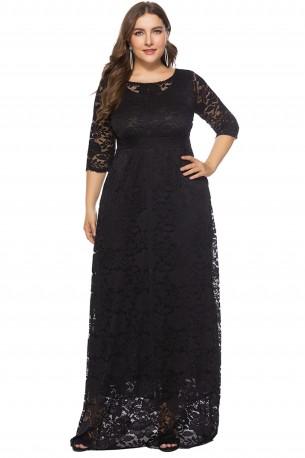 Obleka velike črne polne čipke z okroglim izrezom in polovičnim rokavom Camille