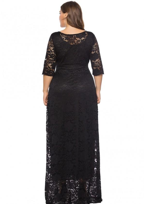 Obleka velike črne polne čipke z okroglim izrezom in polovičnim rokavom Camille