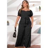 Ohlapen kombinezon s kratkimi rokavi s pikčastim tiskom s pasom po celotni dolžini za močnejše Luisa