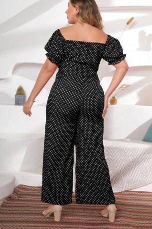 Ohlapen kombinezon s kratkimi rokavi s pikčastim tiskom s pasom po celotni dolžini za močnejše Luisa